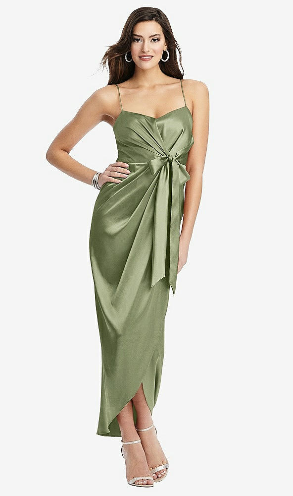 Front View - Kiwi Faux Wrap Midi Dress with Draped Tulip Skirt