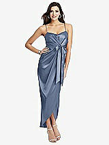 Front View Thumbnail - Larkspur Blue Faux Wrap Midi Dress with Draped Tulip Skirt