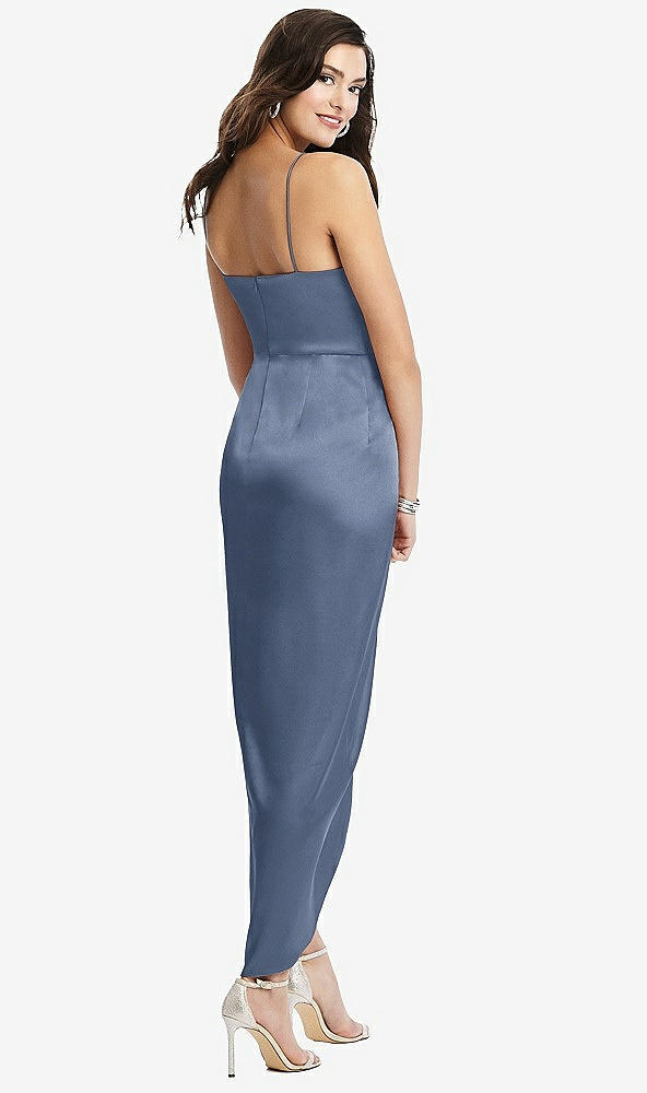 Back View - Larkspur Blue Faux Wrap Midi Dress with Draped Tulip Skirt