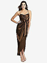 Front View Thumbnail - Latte Faux Wrap Midi Dress with Draped Tulip Skirt