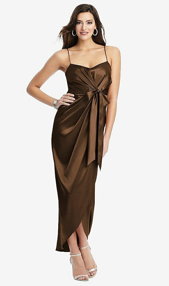 Front View - Latte Faux Wrap Midi Dress with Draped Tulip Skirt