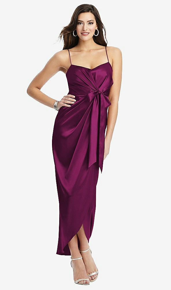 Front View - Merlot Faux Wrap Midi Dress with Draped Tulip Skirt