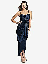 Front View Thumbnail - Midnight Navy Faux Wrap Midi Dress with Draped Tulip Skirt