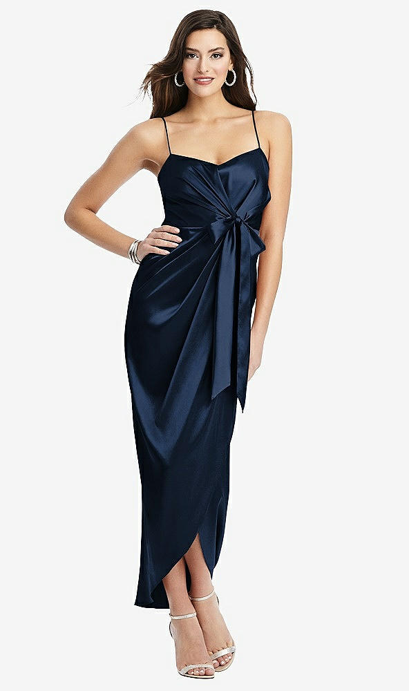 Front View - Midnight Navy Faux Wrap Midi Dress with Draped Tulip Skirt