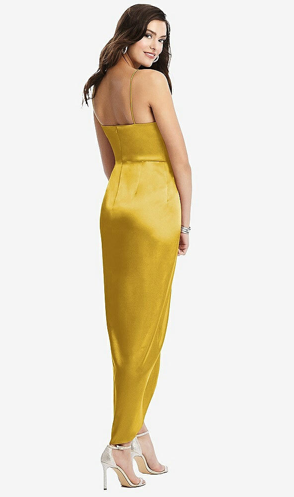 Back View - Marigold Faux Wrap Midi Dress with Draped Tulip Skirt