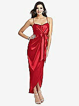 Front View Thumbnail - Parisian Red Faux Wrap Midi Dress with Draped Tulip Skirt