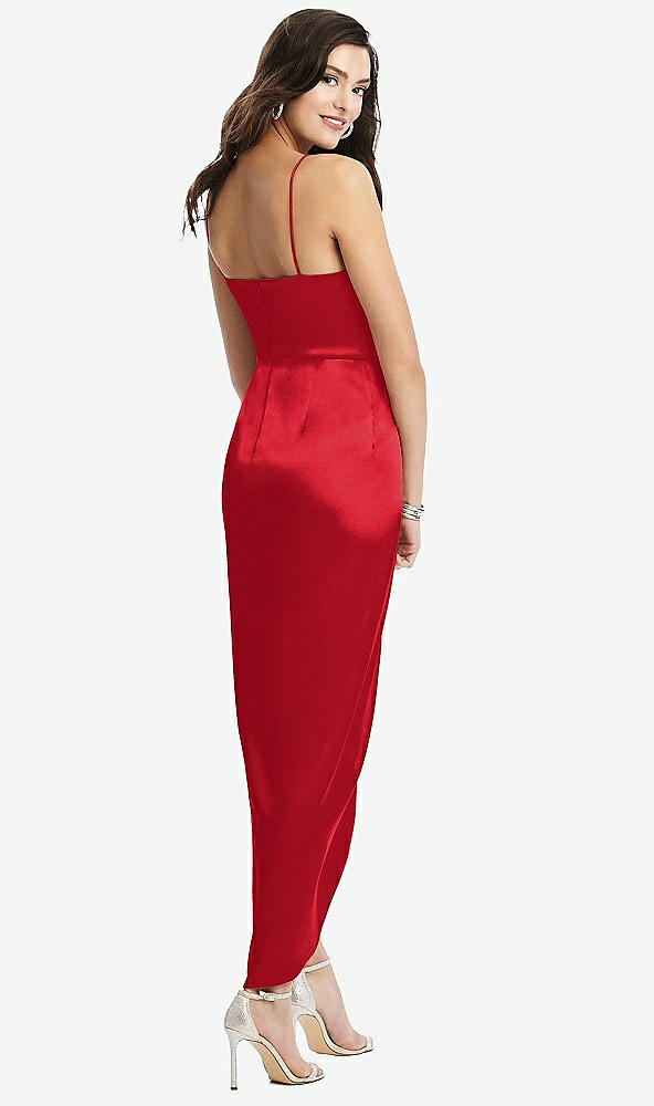 Back View - Parisian Red Faux Wrap Midi Dress with Draped Tulip Skirt