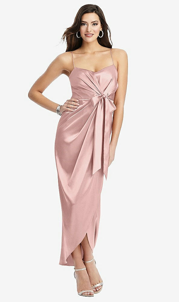 Front View - Rose Quartz Faux Wrap Midi Dress with Draped Tulip Skirt