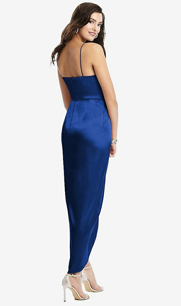 Back View - Sapphire Faux Wrap Midi Dress with Draped Tulip Skirt