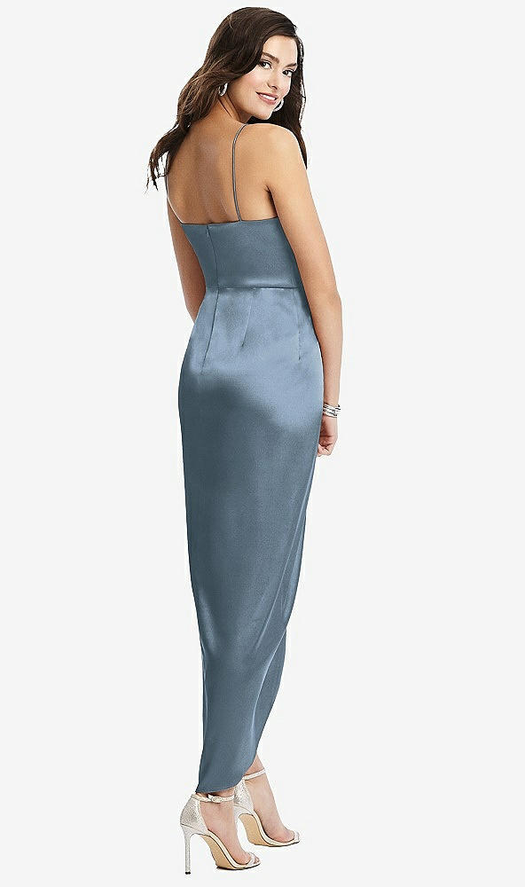 Back View - Slate Faux Wrap Midi Dress with Draped Tulip Skirt