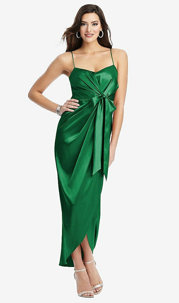 Front View - Shamrock Faux Wrap Midi Dress with Draped Tulip Skirt