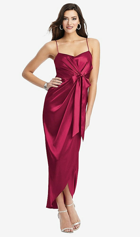 Front View - Valentine Faux Wrap Midi Dress with Draped Tulip Skirt