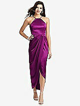 Front View Thumbnail - Persian Plum Halter Midi Dress with Draped Tulip Skirt