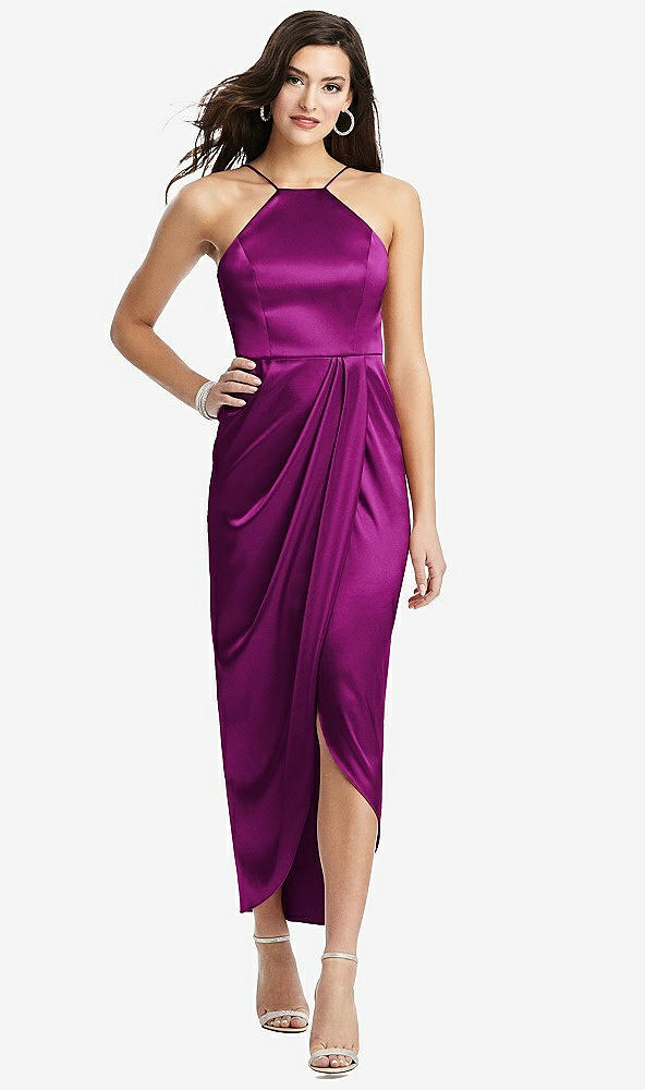 Front View - Persian Plum Halter Midi Dress with Draped Tulip Skirt