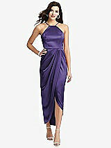 Front View Thumbnail - Regalia - PANTONE Ultra Violet Halter Midi Dress with Draped Tulip Skirt