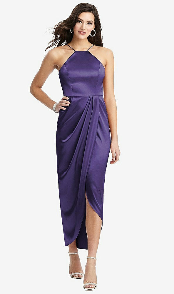 Front View - Regalia - PANTONE Ultra Violet Halter Midi Dress with Draped Tulip Skirt