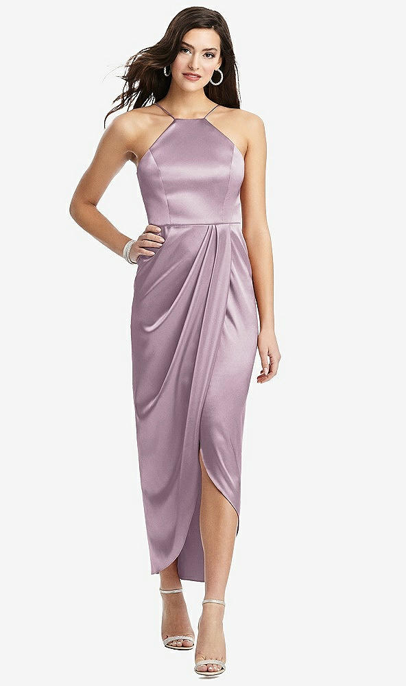 Front View - Suede Rose Halter Midi Dress with Draped Tulip Skirt