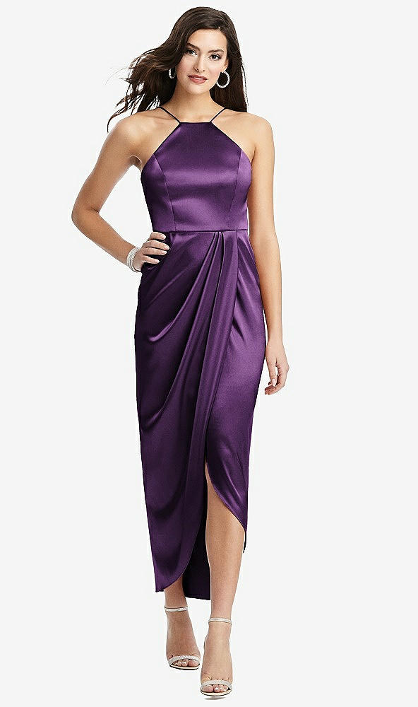 Front View - African Violet Halter Midi Dress with Draped Tulip Skirt