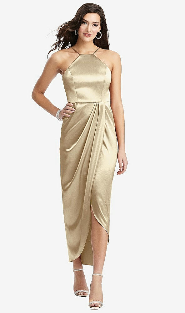 Front View - Banana Halter Midi Dress with Draped Tulip Skirt