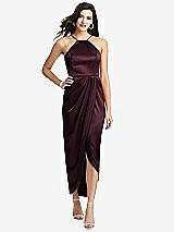 Front View Thumbnail - Bordeaux Halter Midi Dress with Draped Tulip Skirt