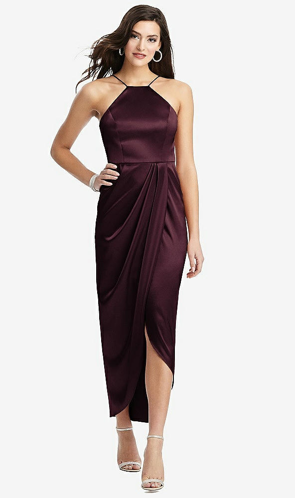 Front View - Bordeaux Halter Midi Dress with Draped Tulip Skirt