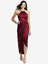 Front View Thumbnail - Burgundy Halter Midi Dress with Draped Tulip Skirt