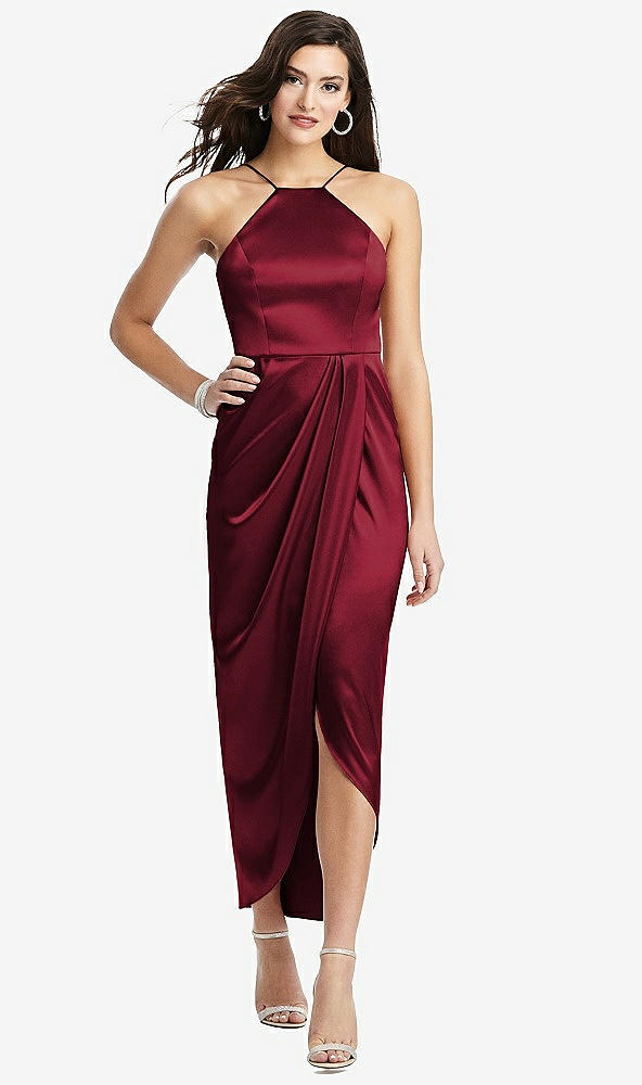 Front View - Burgundy Halter Midi Dress with Draped Tulip Skirt