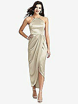 Front View Thumbnail - Champagne Halter Midi Dress with Draped Tulip Skirt