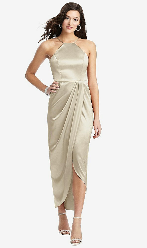 Front View - Champagne Halter Midi Dress with Draped Tulip Skirt