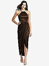 Front View Thumbnail - Espresso Halter Midi Dress with Draped Tulip Skirt