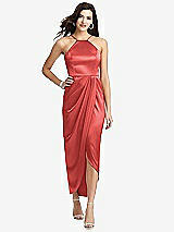 Front View Thumbnail - Perfect Coral Halter Midi Dress with Draped Tulip Skirt