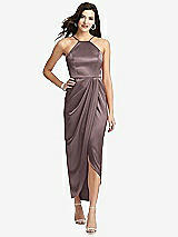 Front View Thumbnail - French Truffle Halter Midi Dress with Draped Tulip Skirt