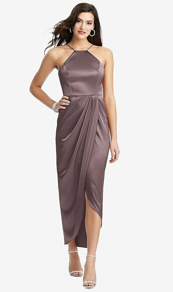 Front View - French Truffle Halter Midi Dress with Draped Tulip Skirt