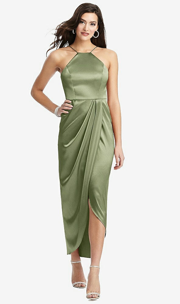 Front View - Kiwi Halter Midi Dress with Draped Tulip Skirt