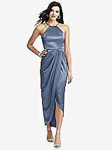 Front View Thumbnail - Larkspur Blue Halter Midi Dress with Draped Tulip Skirt