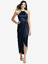 Front View Thumbnail - Midnight Navy Halter Midi Dress with Draped Tulip Skirt