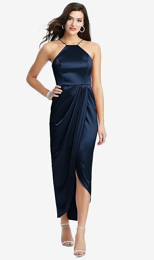 Front View - Midnight Navy Halter Midi Dress with Draped Tulip Skirt