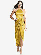 Front View Thumbnail - Marigold Halter Midi Dress with Draped Tulip Skirt