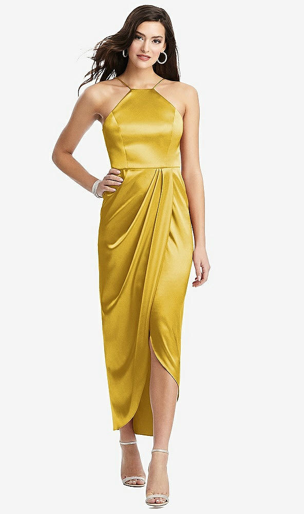 Front View - Marigold Halter Midi Dress with Draped Tulip Skirt