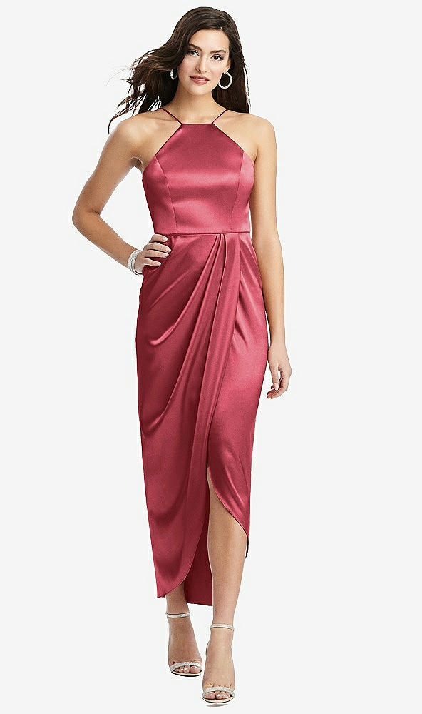 Front View - Nectar Halter Midi Dress with Draped Tulip Skirt