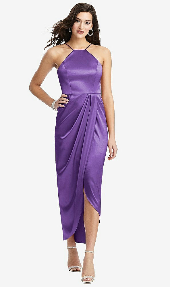 Front View - Pansy Halter Midi Dress with Draped Tulip Skirt