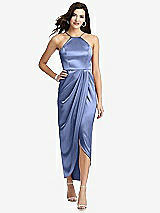 Front View Thumbnail - Periwinkle - PANTONE Serenity Halter Midi Dress with Draped Tulip Skirt