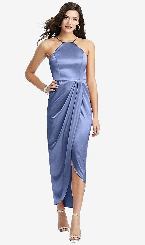 Front View - Periwinkle - PANTONE Serenity Halter Midi Dress with Draped Tulip Skirt