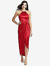 Front View Thumbnail - Parisian Red Halter Midi Dress with Draped Tulip Skirt