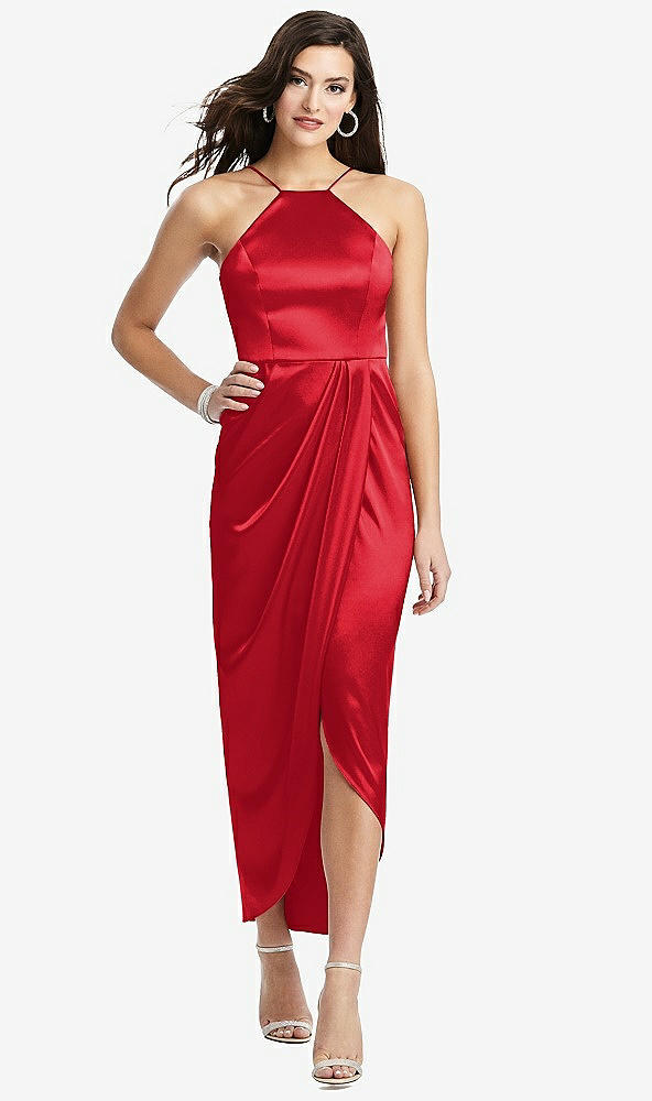 Front View - Parisian Red Halter Midi Dress with Draped Tulip Skirt