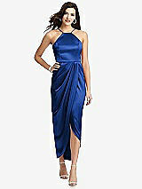 Front View Thumbnail - Sapphire Halter Midi Dress with Draped Tulip Skirt