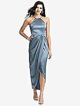 Front View Thumbnail - Slate Halter Midi Dress with Draped Tulip Skirt