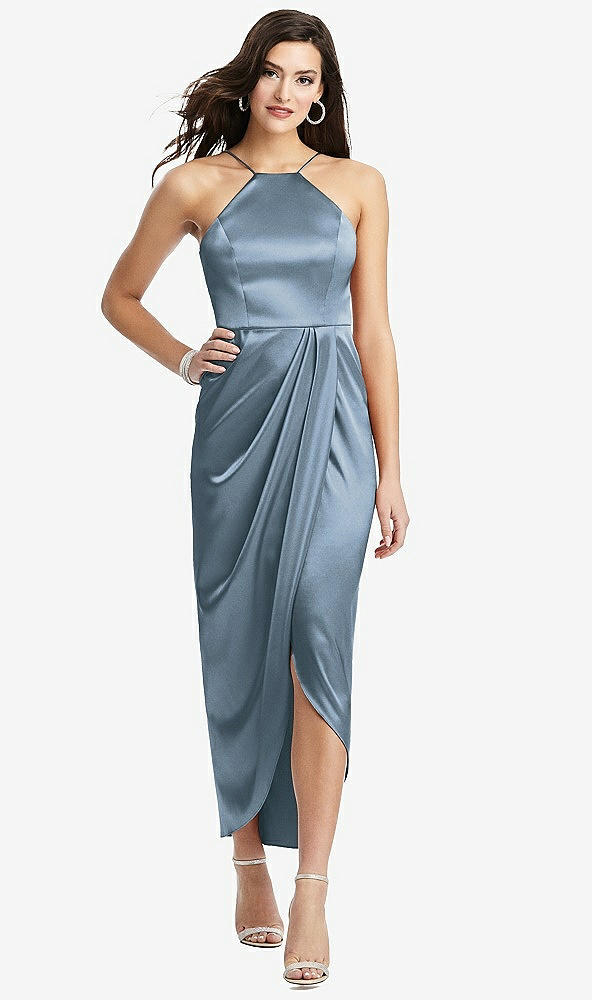 Front View - Slate Halter Midi Dress with Draped Tulip Skirt