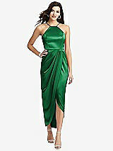 Front View Thumbnail - Shamrock Halter Midi Dress with Draped Tulip Skirt