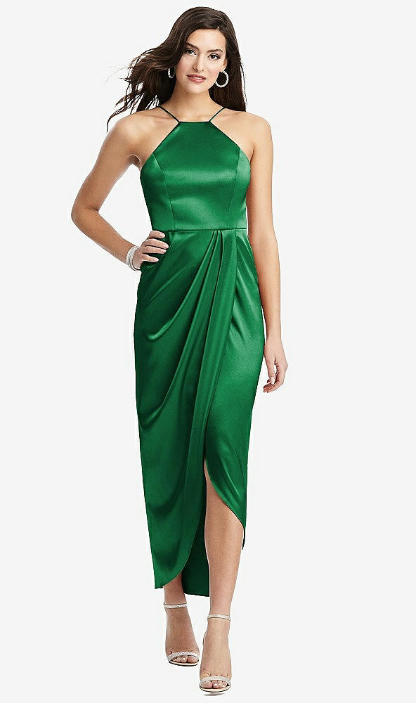 Front View - Shamrock Halter Midi Dress with Draped Tulip Skirt